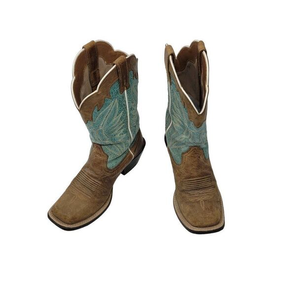Ariat Leather Cowboy Boots 6B Round Up Outfitter Teal Brown Square Toe Rodeo - Picture 2 of 11